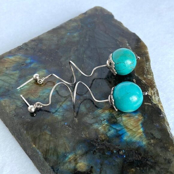 Sterling Silver 925 2.5" Long Spiral Large Faux Turquoise Ball Dangle Earrings - Picture 3 of 16